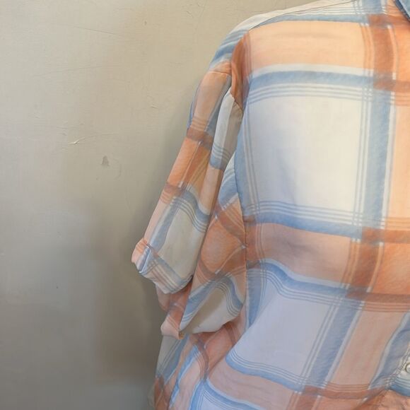 Splendid Orange and Blue Plaid sheer Button-Up blouse Size M EUC - Picture 3 of 8